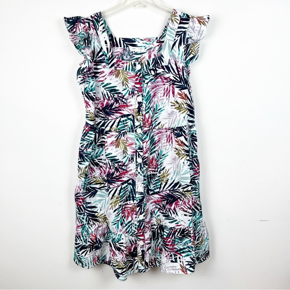 Beach Lunch Lounge Linen Tropical Palm Print Dress Cotton Medium Vacation Cruise - Picture 2 of 11